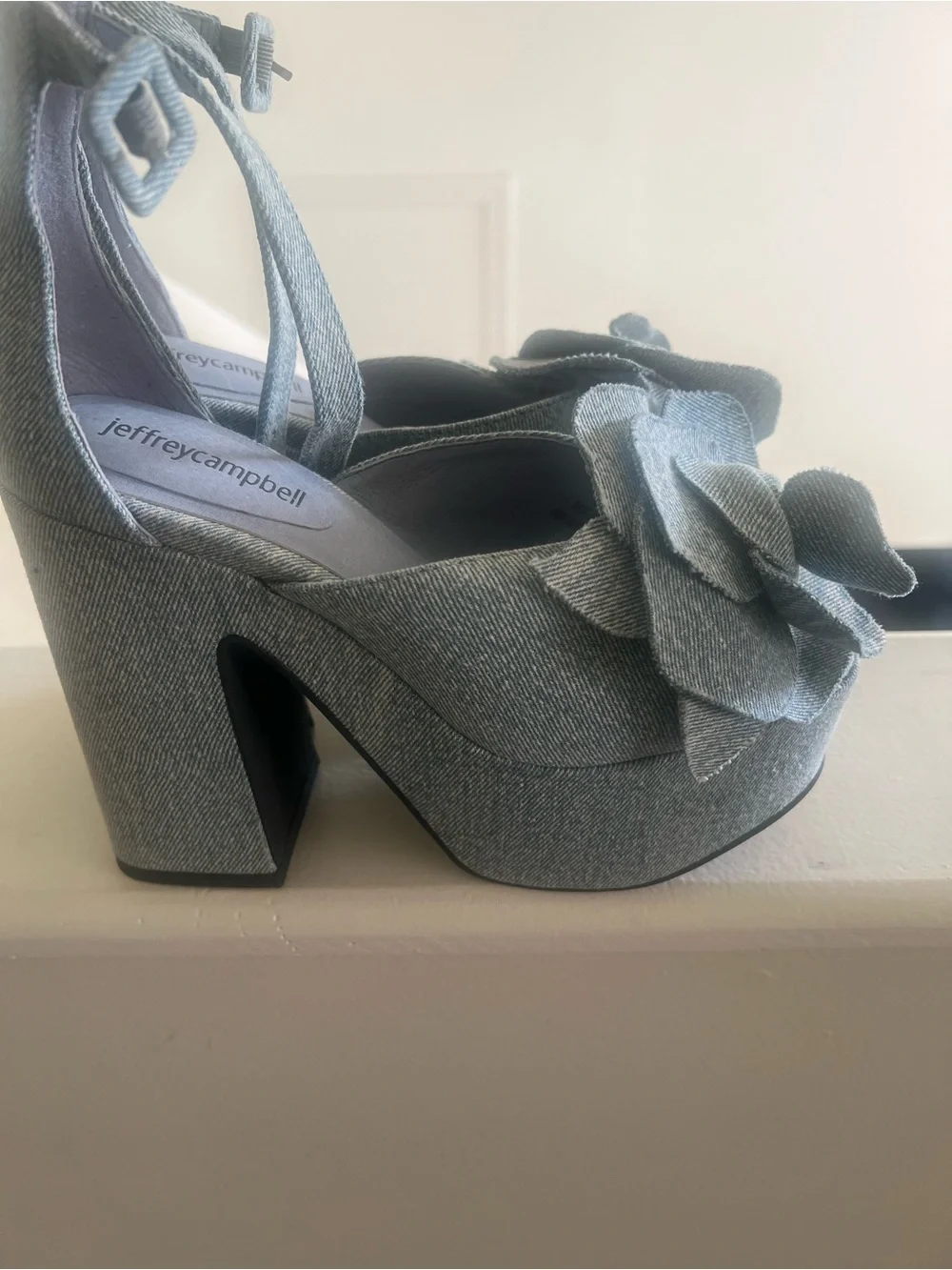 Jeffrey Campbell Light Blue Denim Flower Platform Heels
